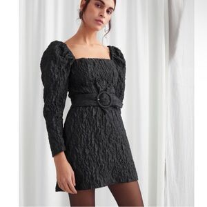 & Other Stories Belted Puff Sleeve Jacquard Mini Dress Black Size 6